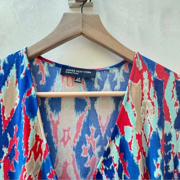 Jones New York Signature || Abstract Crossover Wrap Midi Dress Cap Sleeve Size L - Picture 8 of 9